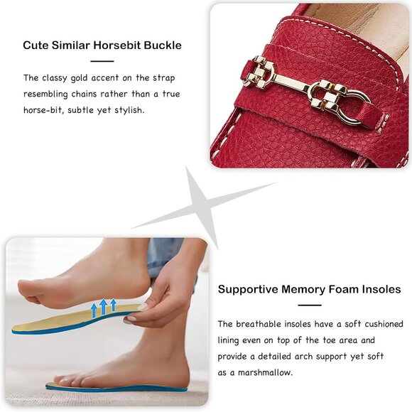 Kordal Women's Red Leather Gold Accent Buckle Slip-Ons Walking Flats Loafers - Picture 4 of 9